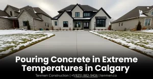 Calgary home with concrete driveway in snowy conditions showing Tenmen Construction’s expertise in pouring concrete during extreme temperatures.