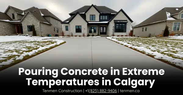 Calgary home with concrete driveway in snowy conditions showing Tenmen Construction’s expertise in pouring concrete during extreme temperatures.